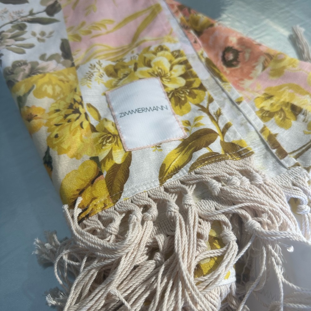 Zimmermann Yellow and Pink Floral Scarf with Fringe